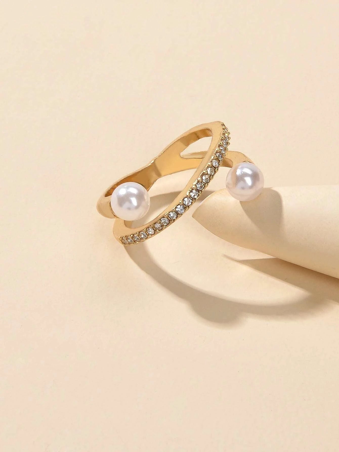 Textured Jewellery Rhinestone Pearl Eternity Gold Finger Ring for Wedding Party-1