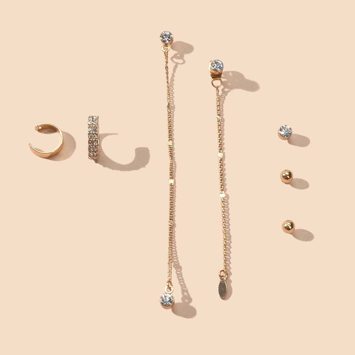 7pcs Unique Jewellery Rhinestone Gold Chain Long Pendant Earrings Stud Ear Cuff-2