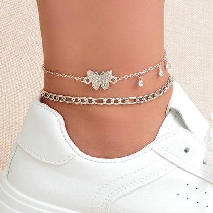 Butterfly Pendant Double-Layer Silver Chain Foot Anklet Gift-0