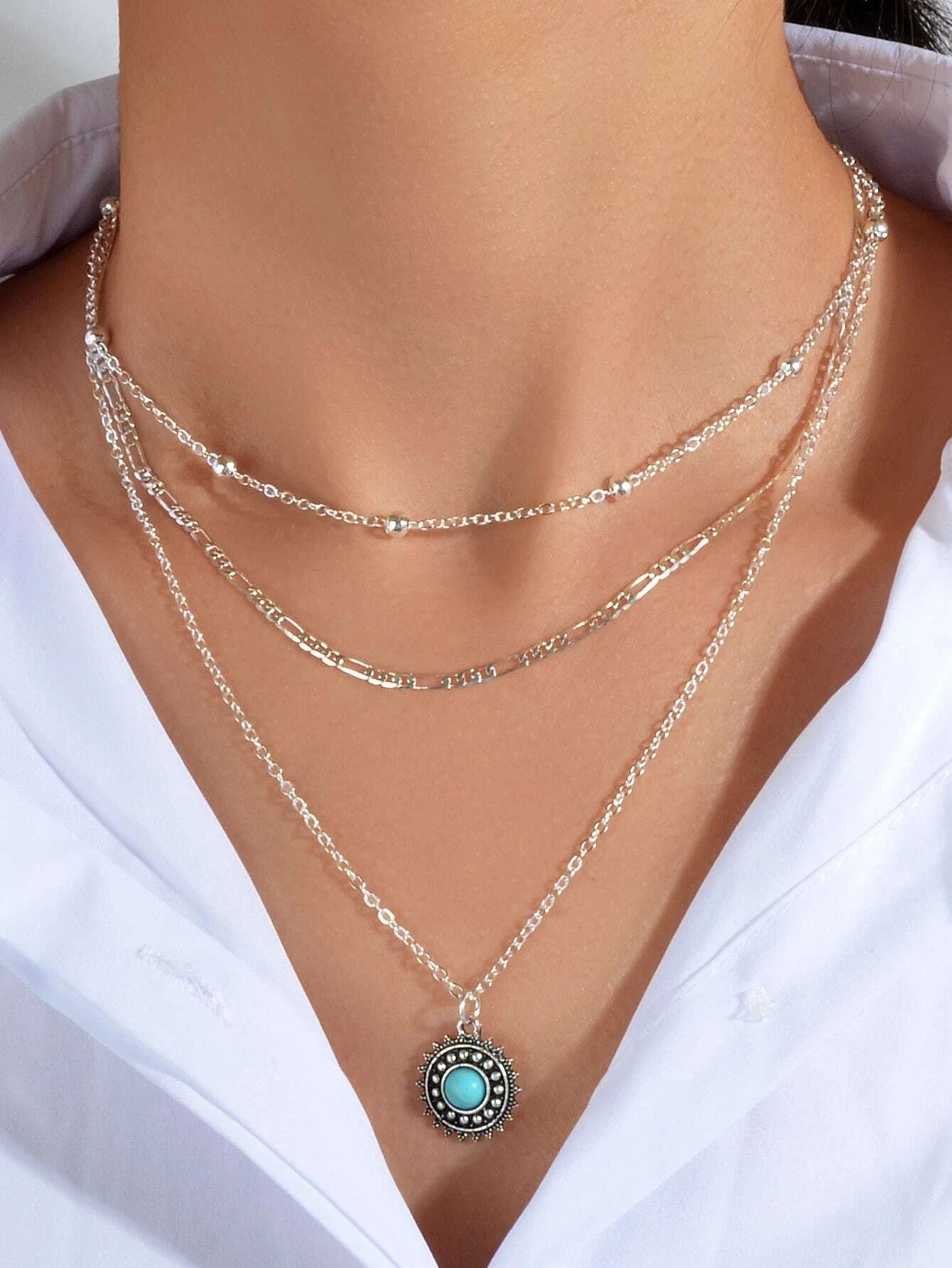 Multi-layer Chain Round Turquoise Pendant Necklace Blue Bead Party Jewellery-4