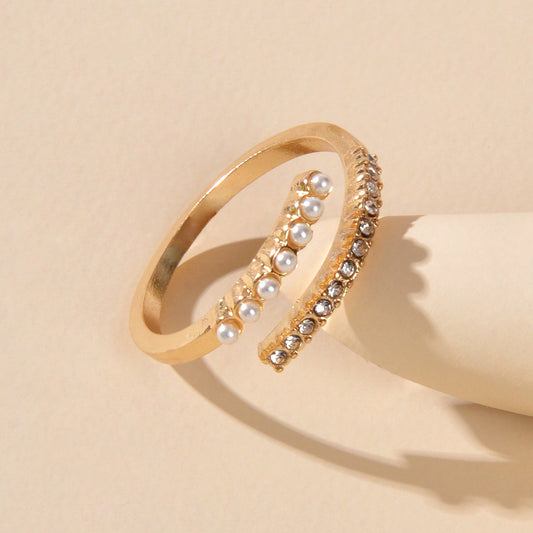Anniversary Wedding Jewelry Band Women Rhinestone Pearl Gold Finger Circle Ring-0