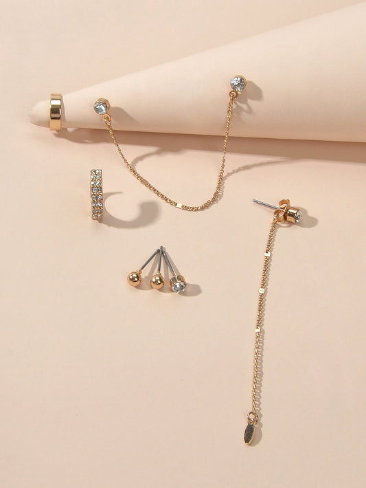 7pcs Unique Jewellery Rhinestone Gold Chain Long Pendant Earrings Stud Ear Cuff-0