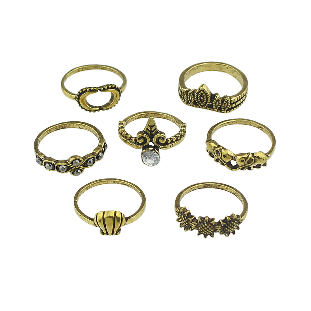 7 pcs Vintage Jewellery Oxidized Antique Gold Moon Shell Finger Ring Set-1