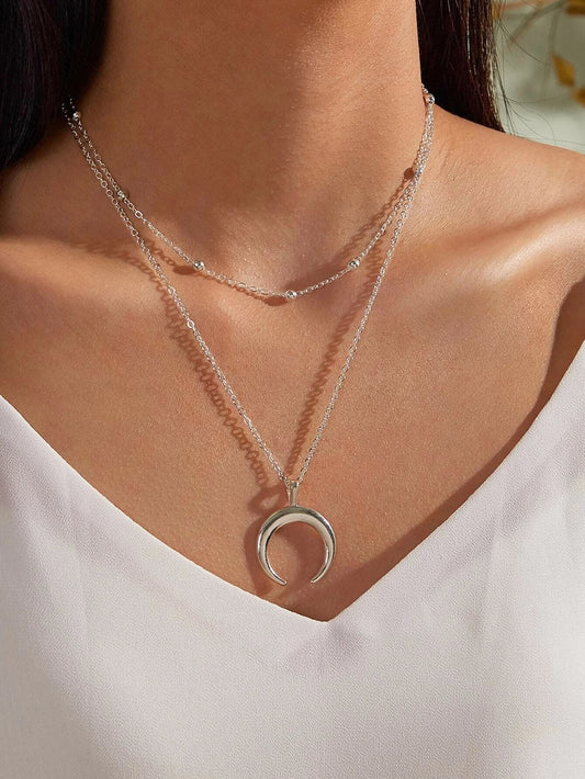 Double layer Silver Chain Moon Pendant Necklace Accessories Horn Collar Gift-0