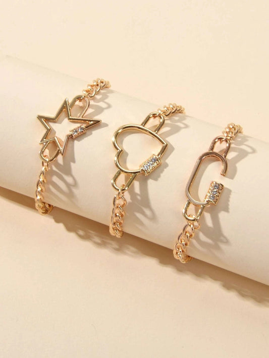 3 pcs Fashion Jewellery Gold Star Heart Geometric Charm Bracelet Set Accessories-0