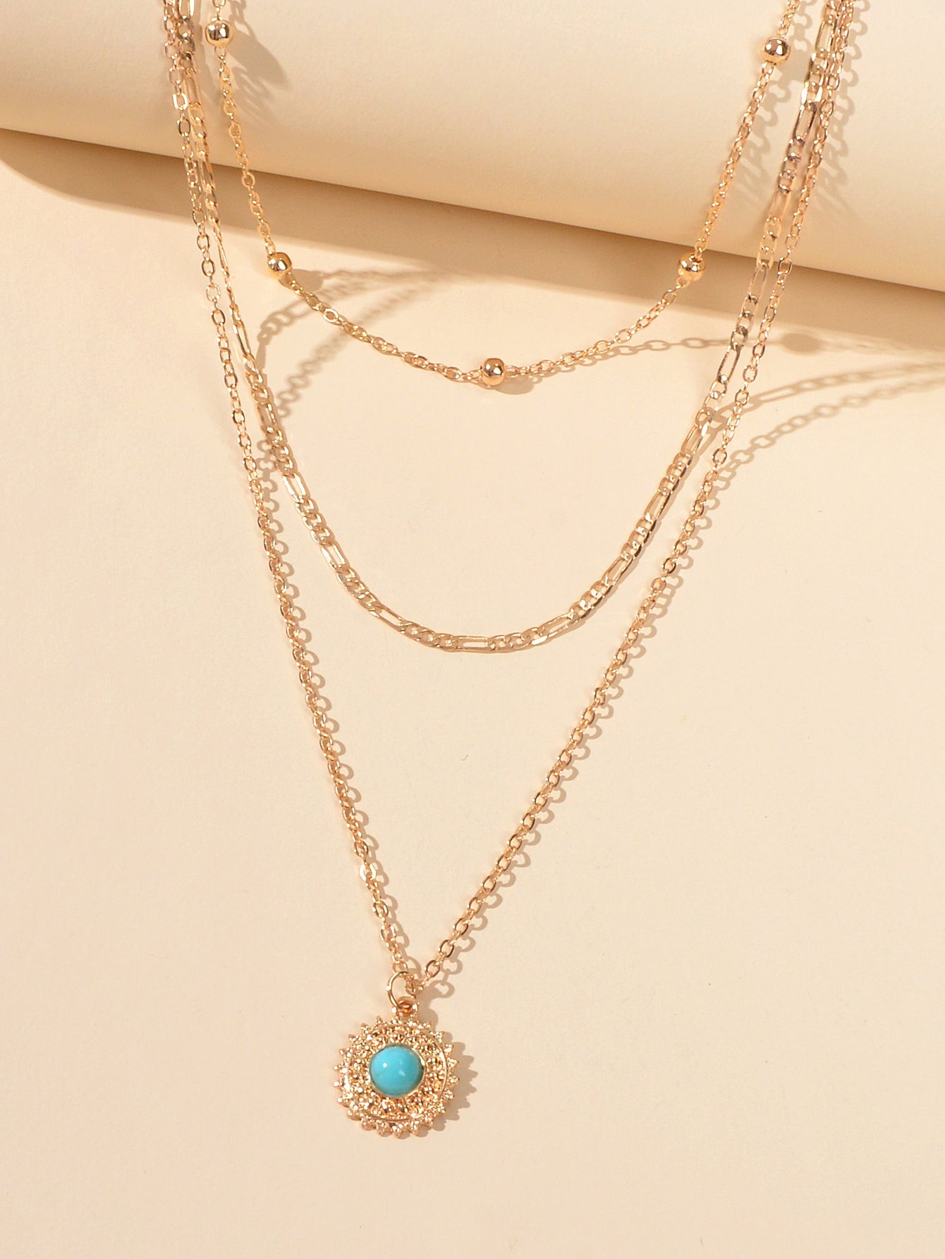 Multi-layer Chain Round Turquoise Pendant Necklace Blue Bead Party Jewellery-2