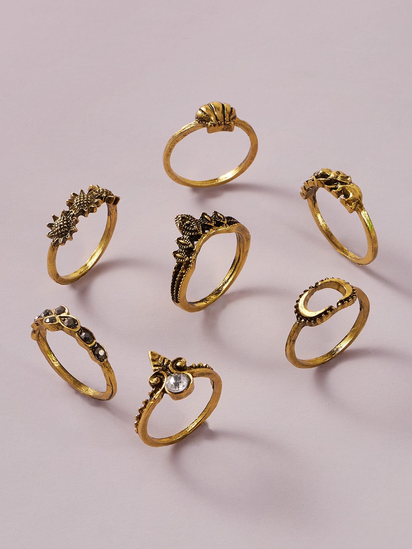 7 pcs Vintage Jewellery Oxidized Antique Gold Moon Shell Finger Ring Set-2