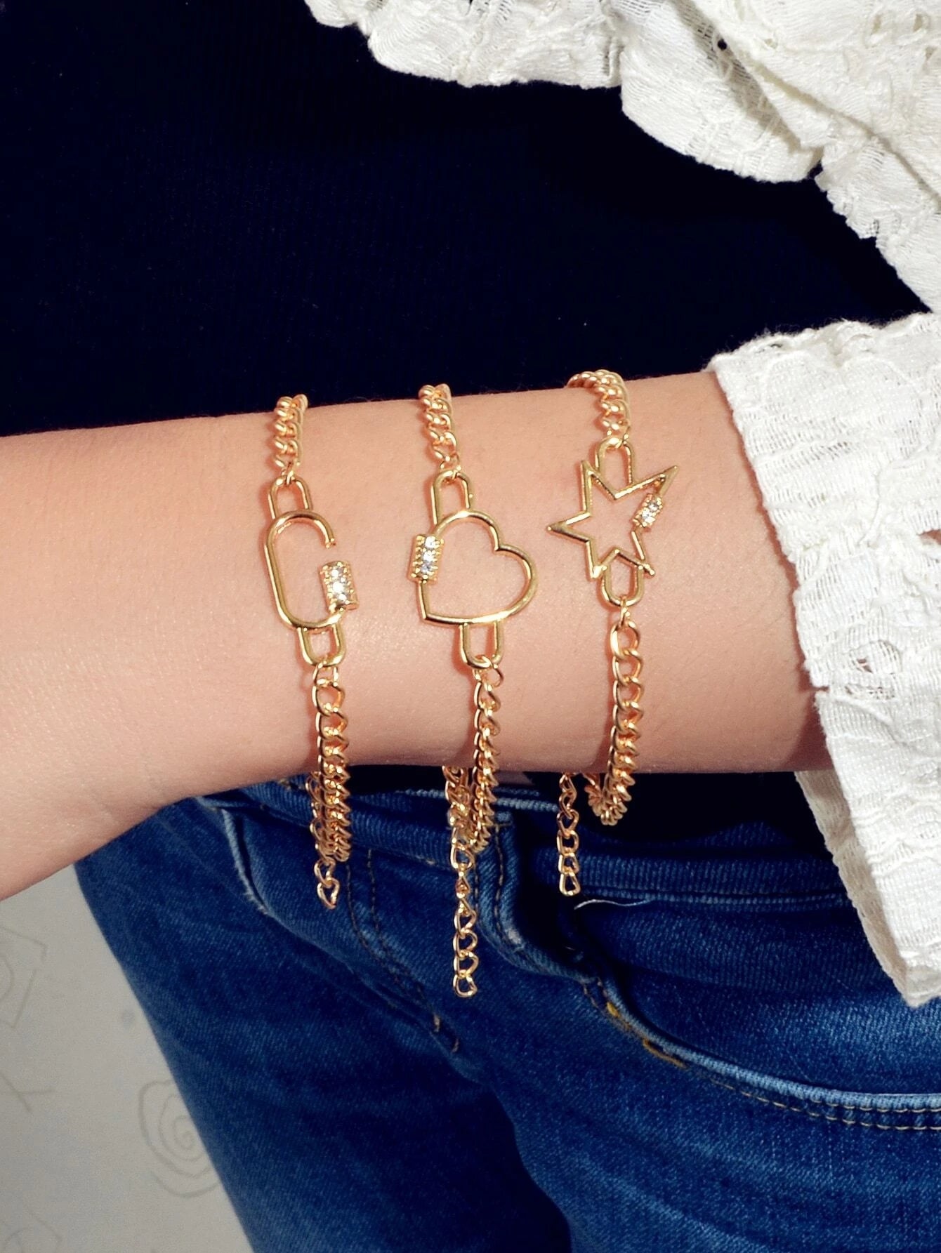 3 pcs Fashion Jewellery Gold Star Heart Geometric Charm Bracelet Set Accessories-1