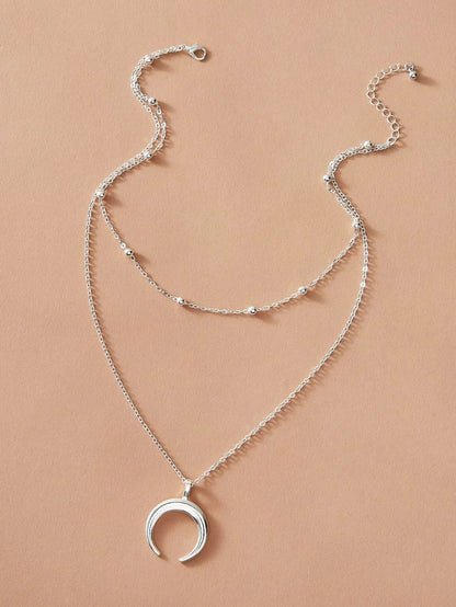 Double layer Silver Chain Moon Pendant Necklace Accessories Horn Collar Gift-1