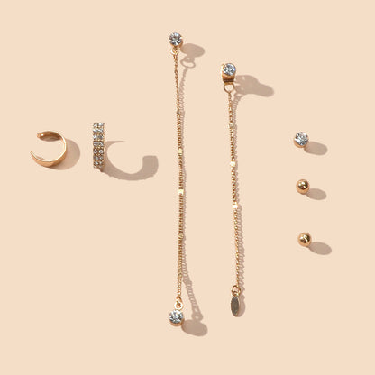 7pcs Unique Jewellery Rhinestone Gold Chain Long Pendant Earrings Stud Ear Cuff-2
