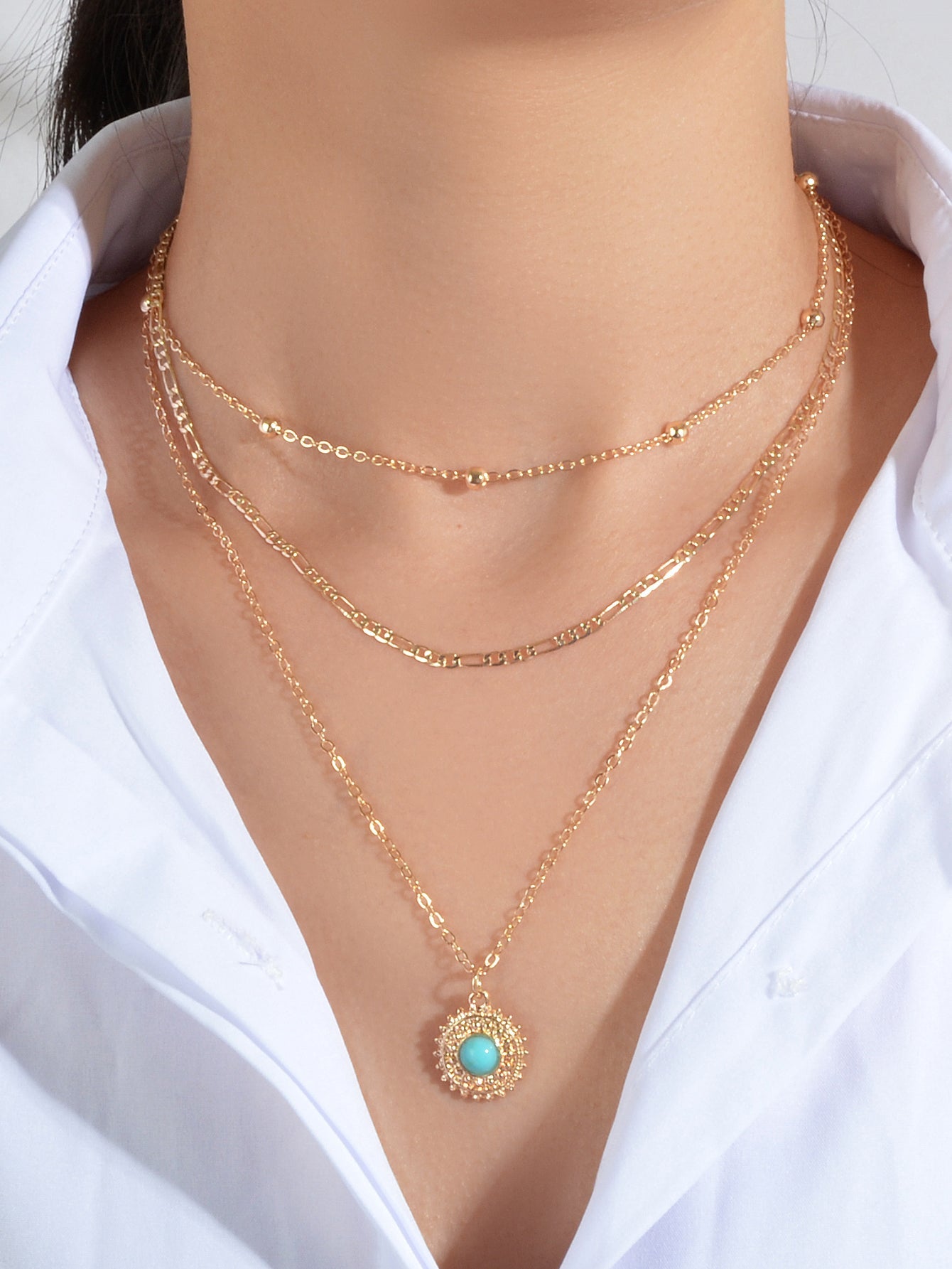 Multi-layer Chain Round Turquoise Pendant Necklace Blue Bead Party Jewellery-0