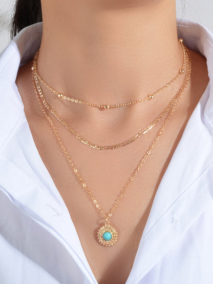 Multi-layer Chain Round Turquoise Pendant Necklace Blue Bead Party Jewellery-0