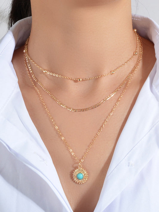 Multi-layer Chain Round Turquoise Pendant Necklace Blue Bead Party Jewellery-0