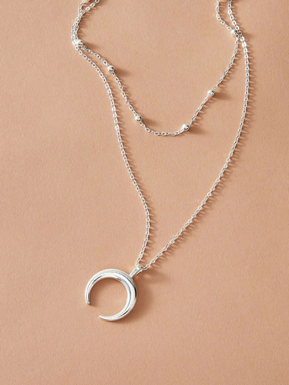 Double layer Silver Chain Moon Pendant Necklace Accessories Horn Collar Gift-2