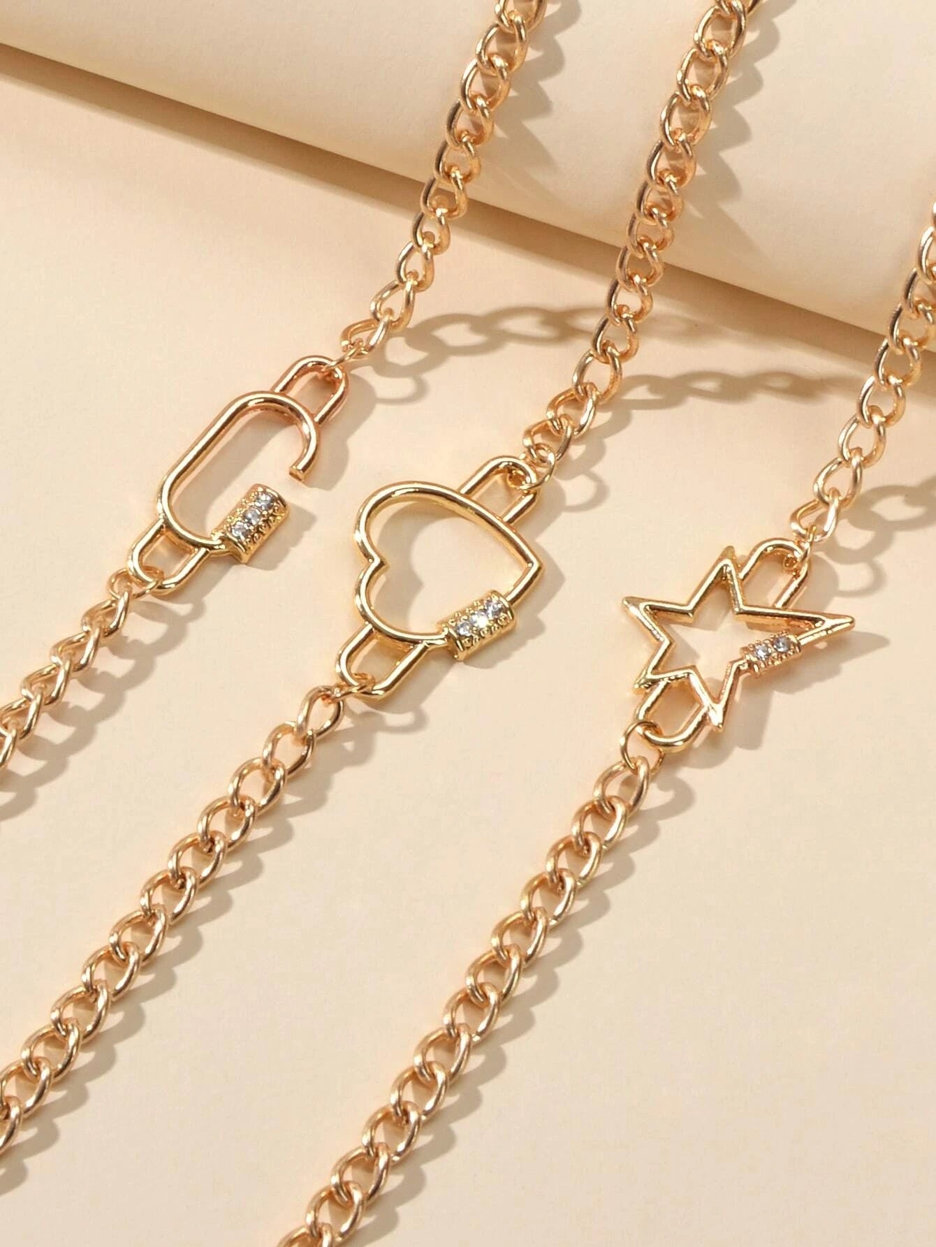3 pcs Fashion Jewellery Gold Star Heart Geometric Charm Bracelet Set Accessories-2