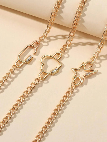 3 pcs Fashion Jewellery Gold Star Heart Geometric Charm Bracelet Set Accessories-2
