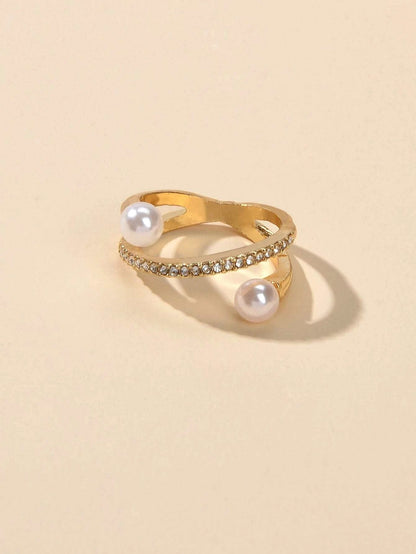 Textured Jewellery Rhinestone Pearl Eternity Gold Finger Ring for Wedding Party-2