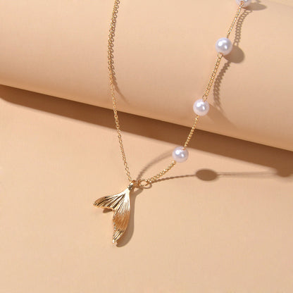 Designer Jewelry Gold Chain Pearl Mermaid Tail Pendant Clavicle Collar Necklace-3