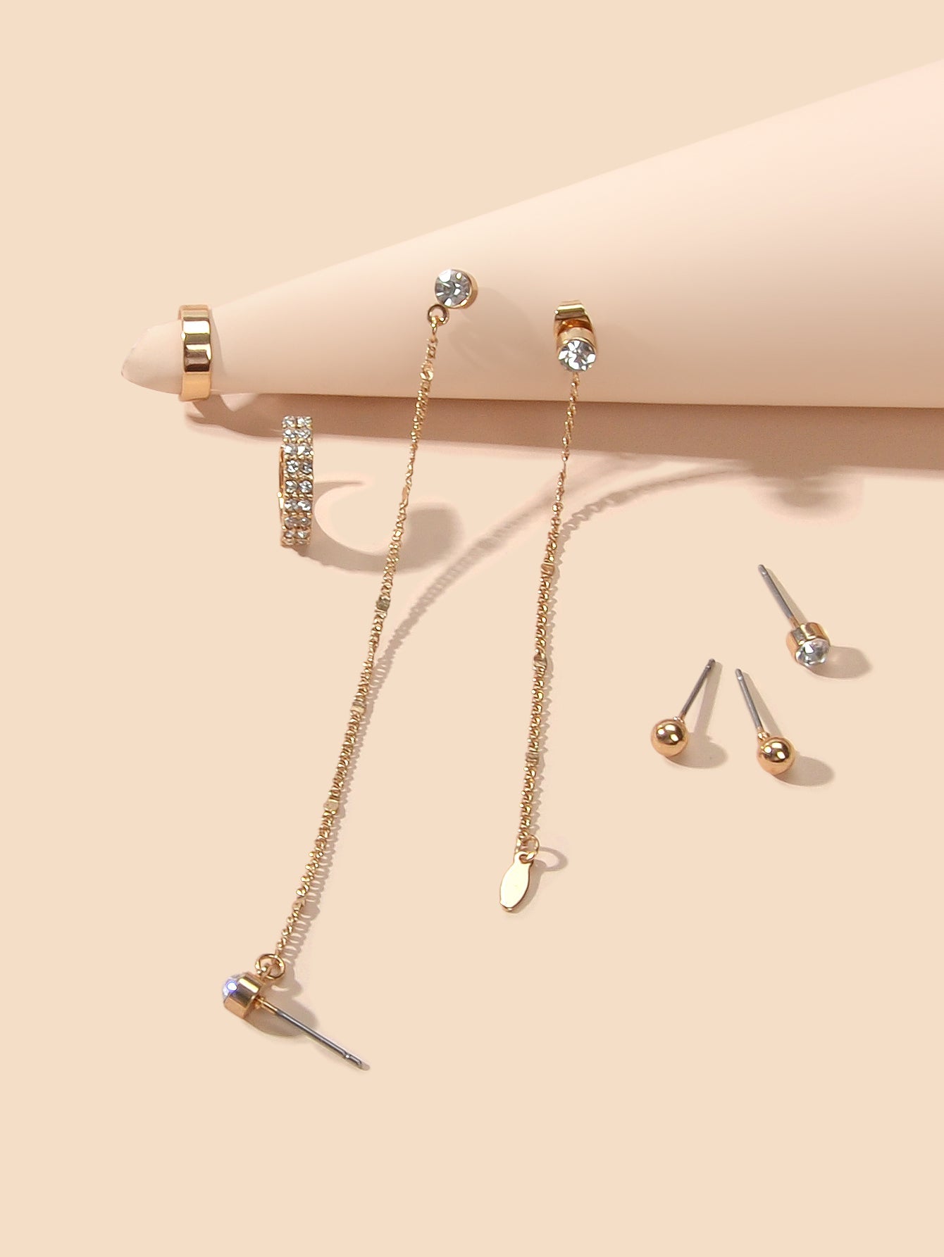 7pcs Unique Jewellery Rhinestone Gold Chain Long Pendant Earrings Stud Ear Cuff-3