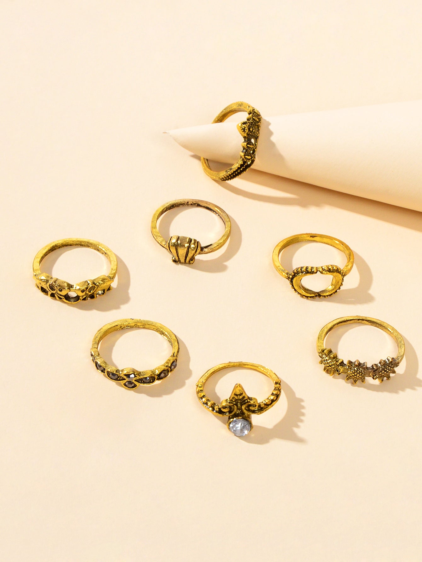 7 pcs Vintage Jewellery Oxidized Antique Gold Moon Shell Finger Ring Set-3