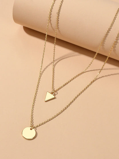 2pcs Minimalist Style Women Accessories Gold Chain Triangle Round Charm Necklace-3