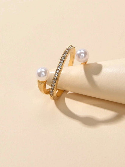 Textured Jewellery Rhinestone Pearl Eternity Gold Finger Ring for Wedding Party-3