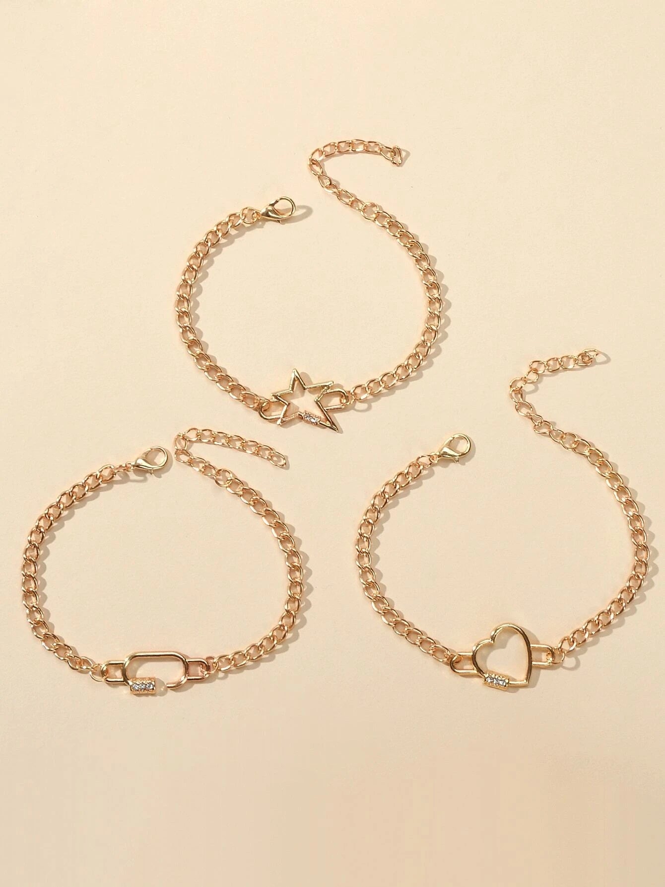 3 pcs Fashion Jewellery Gold Star Heart Geometric Charm Bracelet Set Accessories-3
