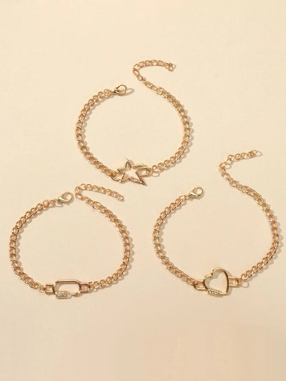 3 pcs Fashion Jewellery Gold Star Heart Geometric Charm Bracelet Set Accessories-3