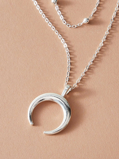Double layer Silver Chain Moon Pendant Necklace Accessories Horn Collar Gift-3