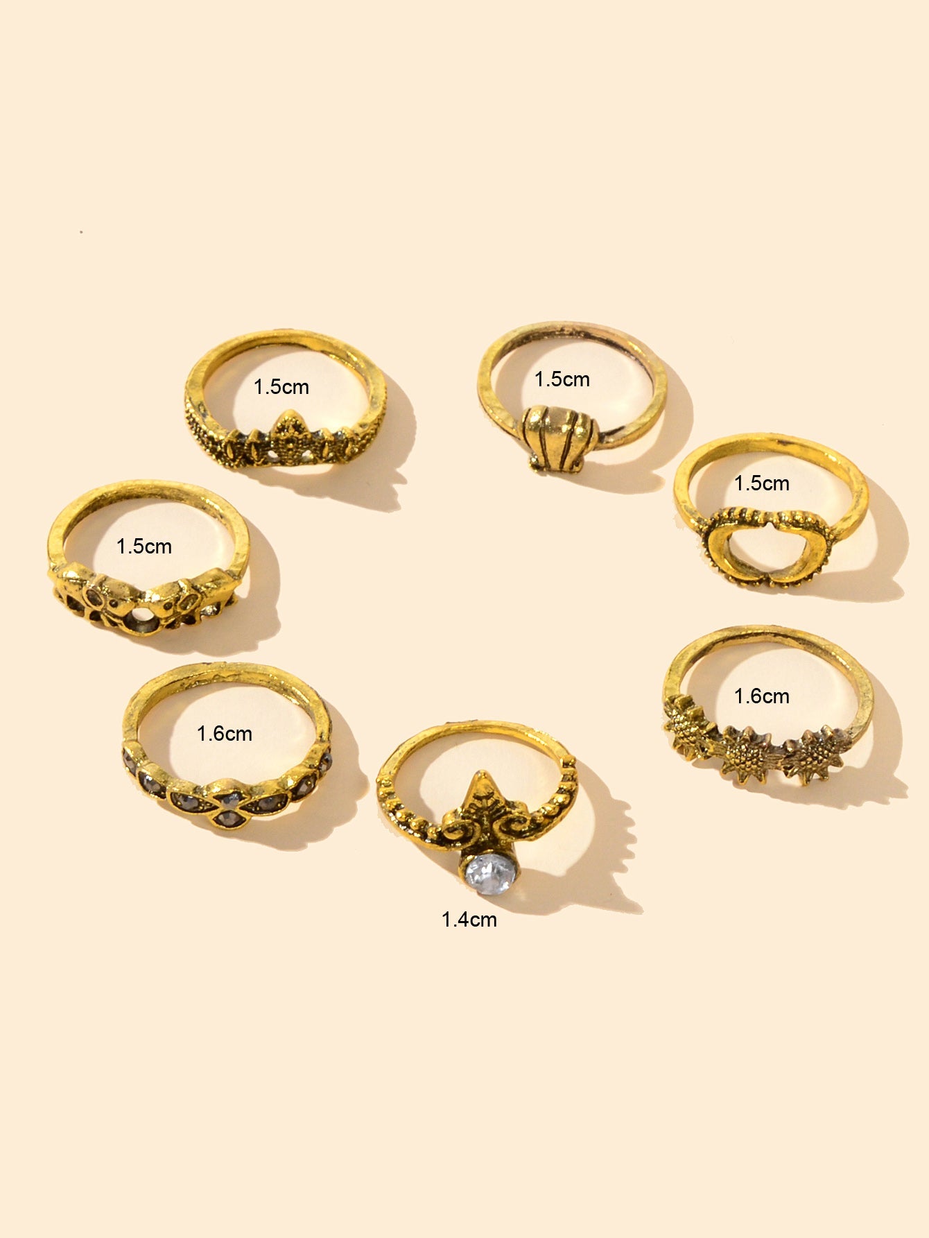 7 pcs Vintage Jewellery Oxidized Antique Gold Moon Shell Finger Ring Set-4