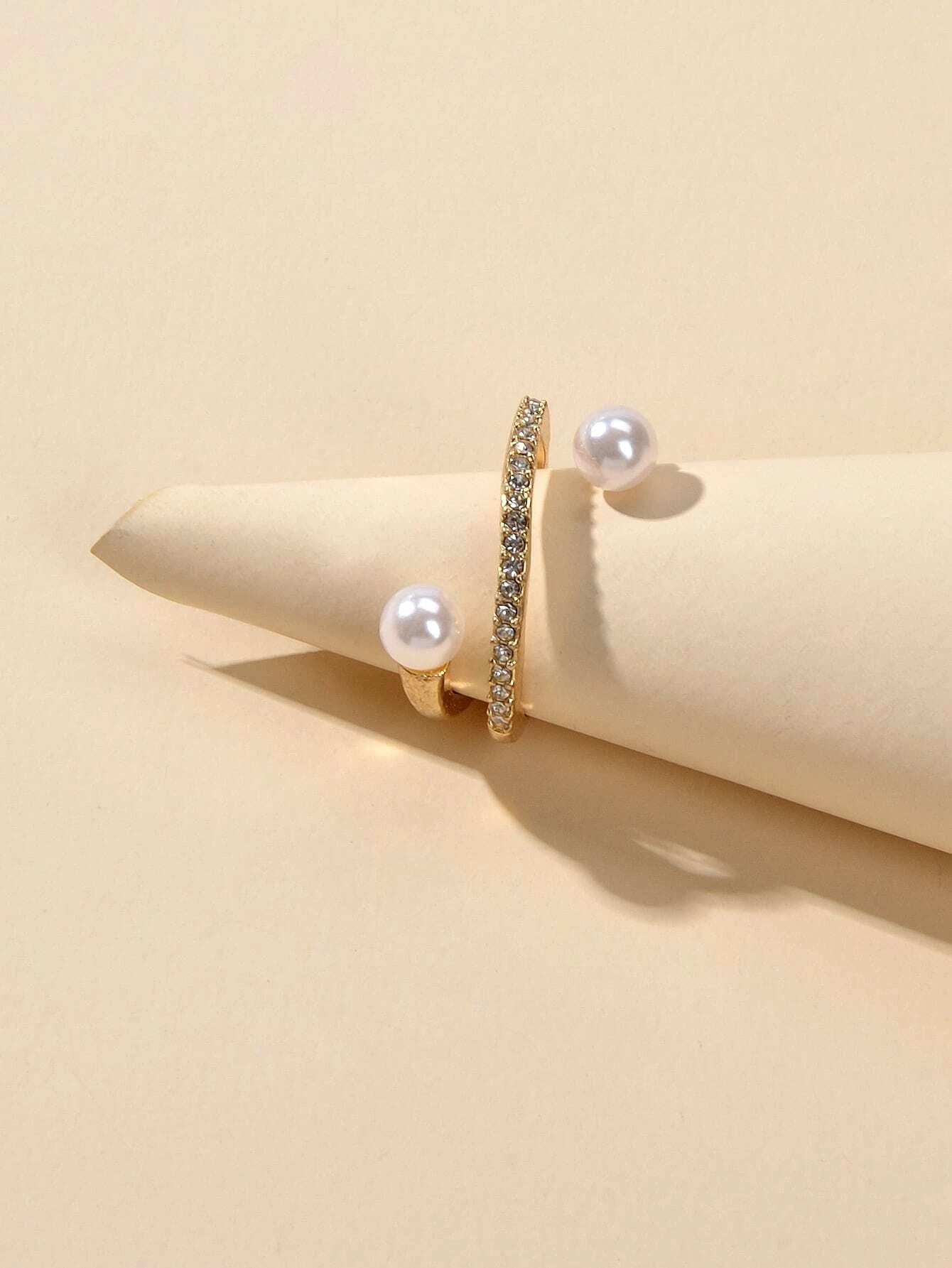 Textured Jewellery Rhinestone Pearl Eternity Gold Finger Ring for Wedding Party-4