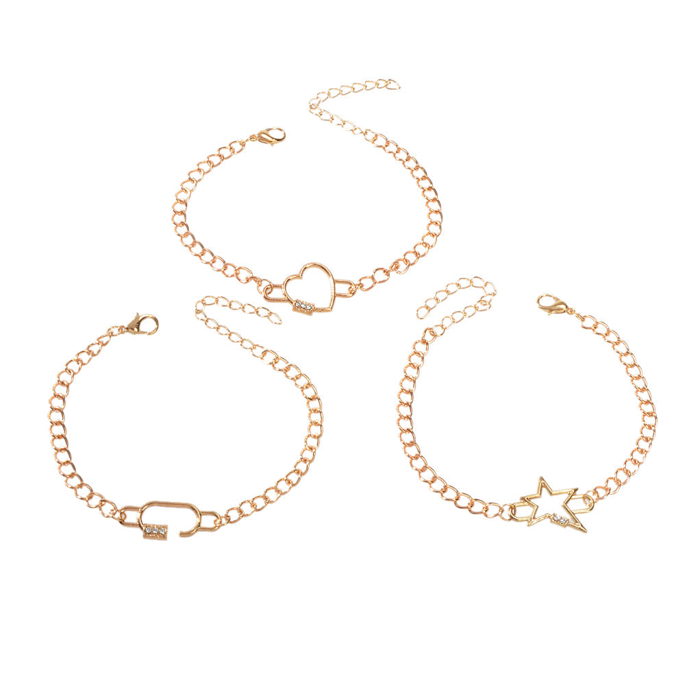 3 pcs Fashion Jewellery Gold Star Heart Geometric Charm Bracelet Set Accessories-4