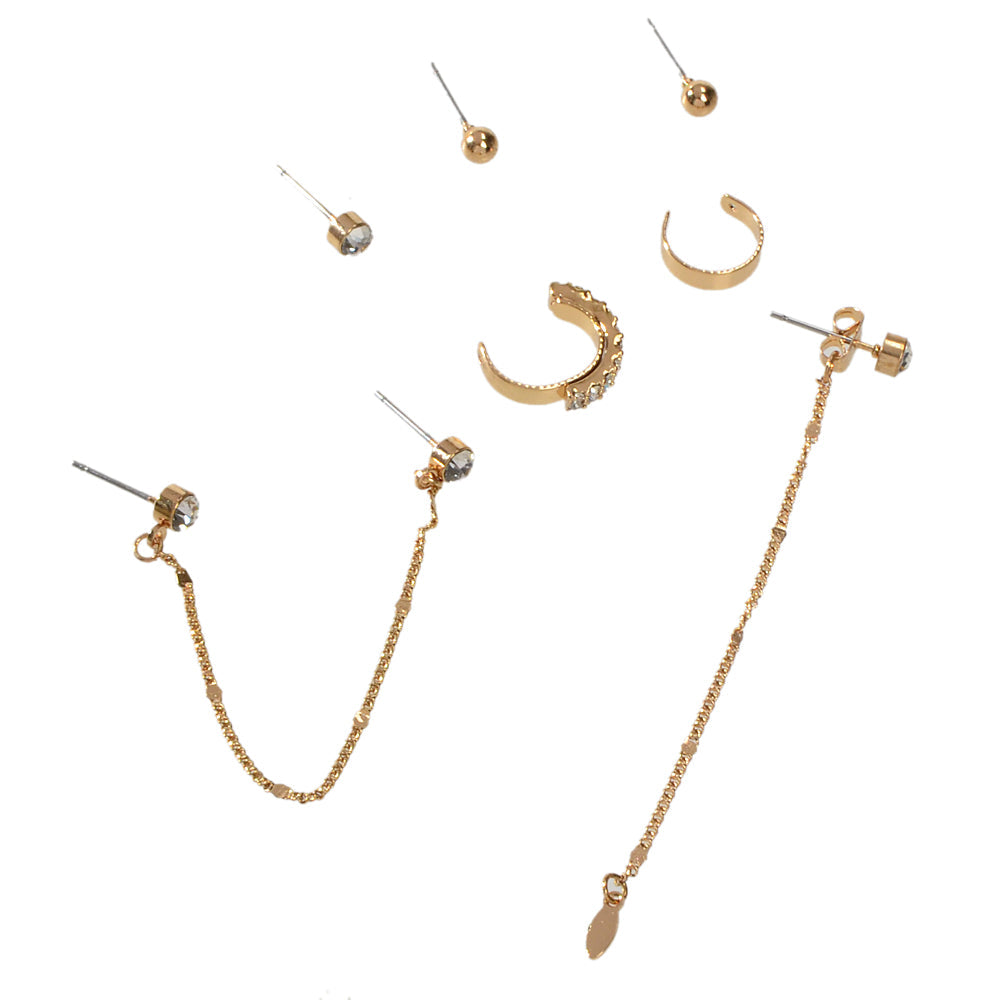 7pcs Unique Jewellery Rhinestone Gold Chain Long Pendant Earrings Stud Ear Cuff-4