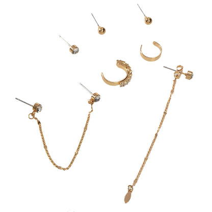 7pcs Unique Jewellery Rhinestone Gold Chain Long Pendant Earrings Stud Ear Cuff-4