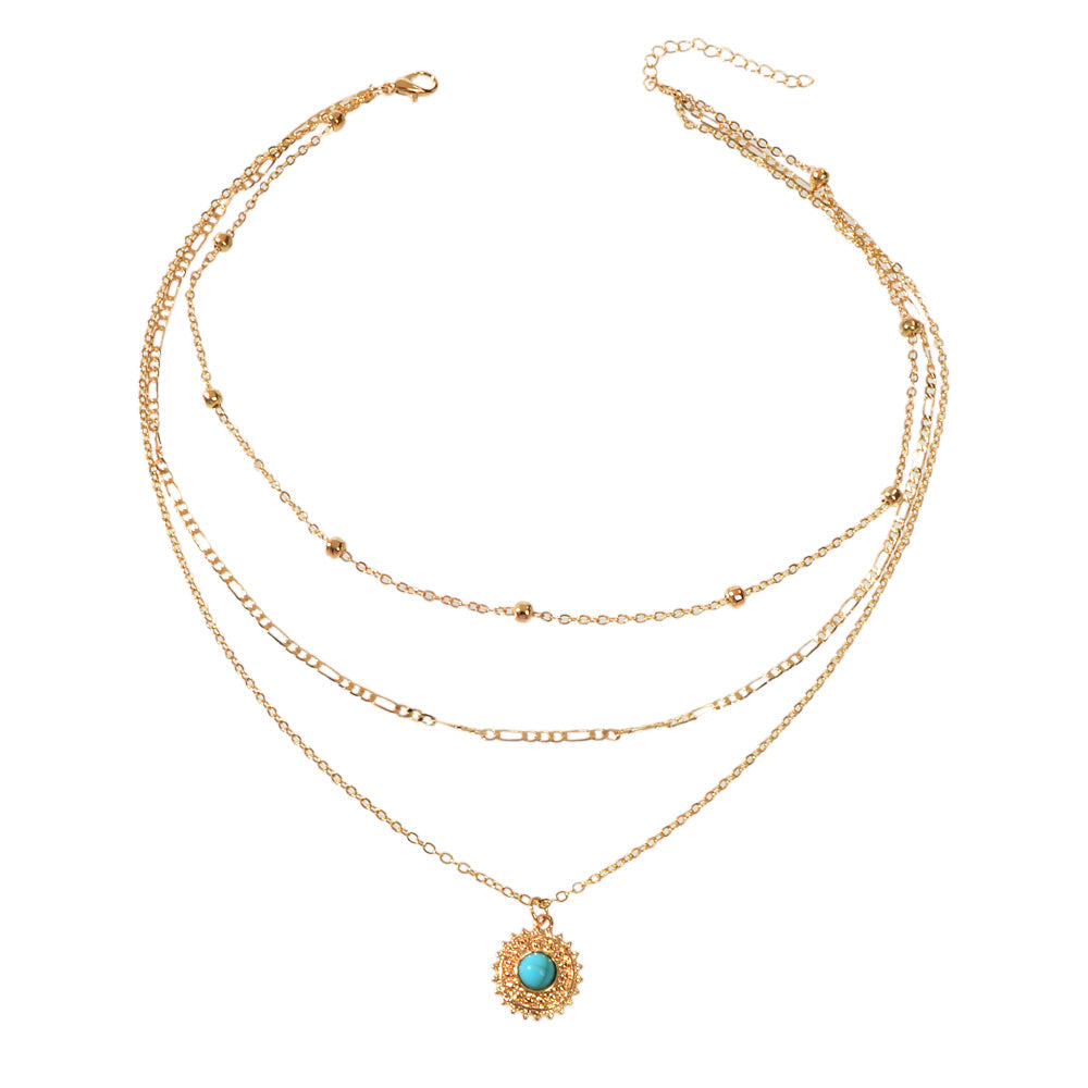 Multi-layer Chain Round Turquoise Pendant Necklace Blue Bead Party Jewellery-3