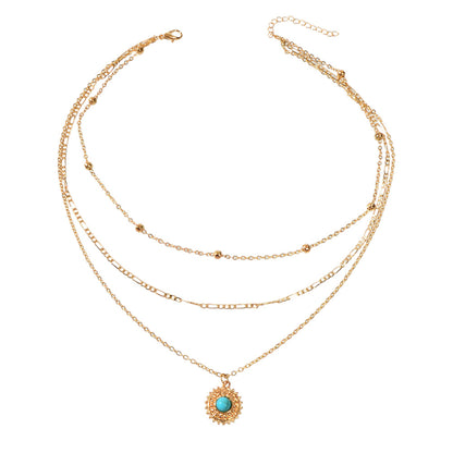 Multi-layer Chain Round Turquoise Pendant Necklace Blue Bead Party Jewellery-3